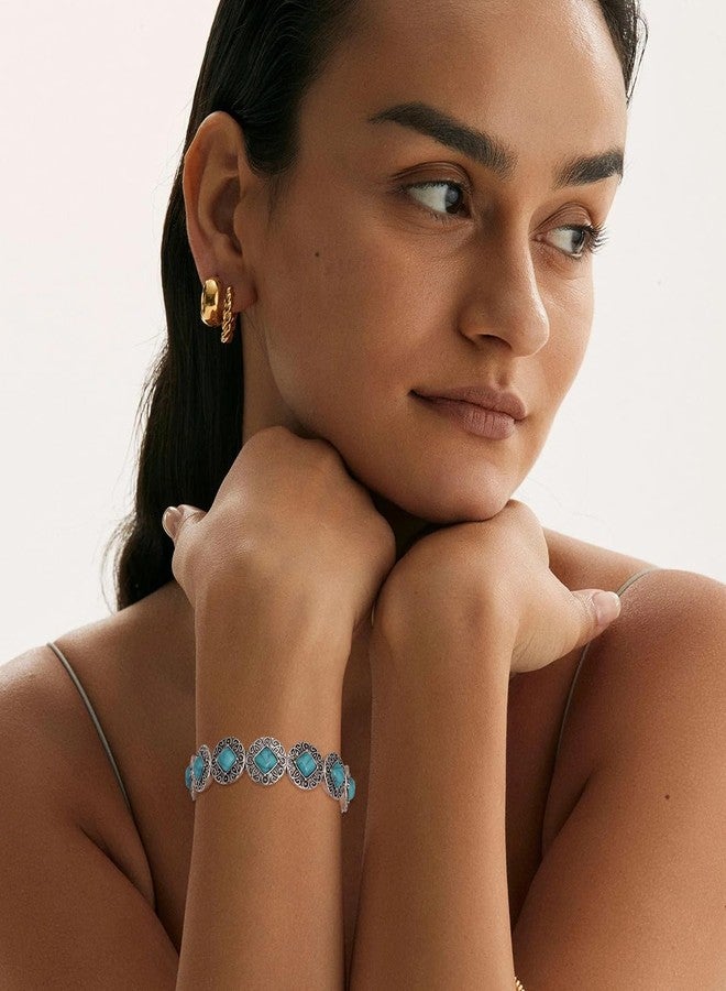 Wovanoo Turquoise Stretch Bracelets Boho Natural Stone Bangle Bracelet Adjustable Carved Wrist Bracelet Round - Image 2